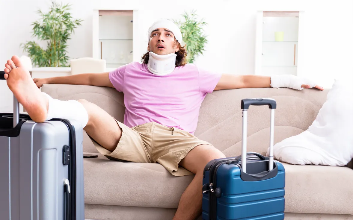 Kontuzjowany mężczyzna oczekuje na kanapie ze swoim bagażem