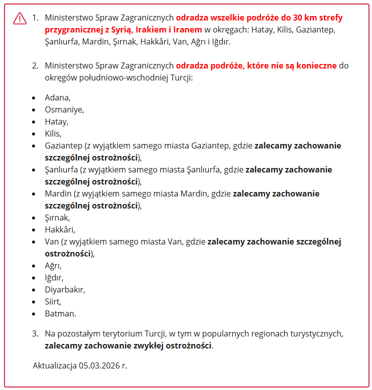 Przykładowy komunikat MSZ o bezpieczeństwie podróży do Turcji.