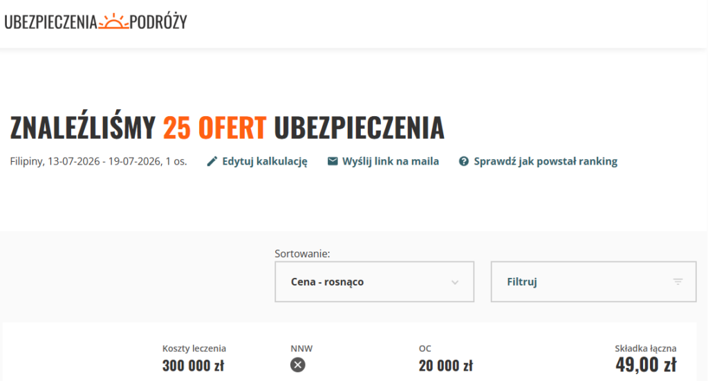 Podgląd ofert polis na Filipiny w porównywarce ubezpieczeń turystycznych